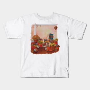 Watercolor Autumn Porch with Flowers, Pumpkins and Butterflies Kids T-Shirt